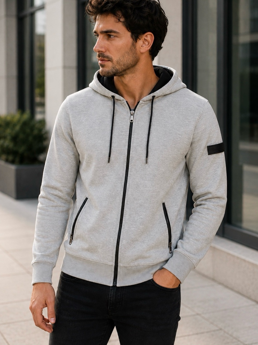 Burberry Light Gray Zip-Up Hoodie Sweater with Black Trim